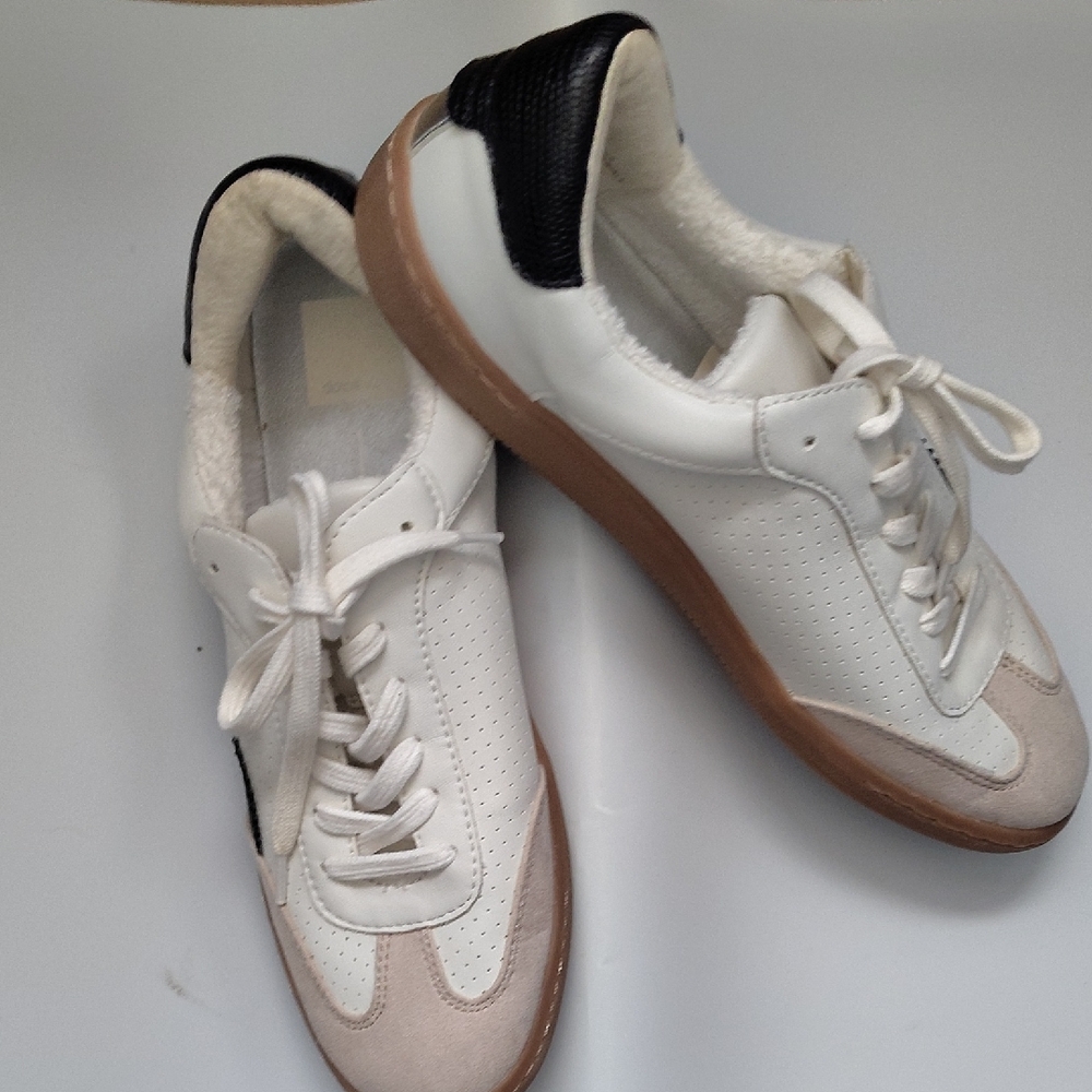 Dolce Vita White Leather Sneakers with Black Heel and Gum Sole Accent